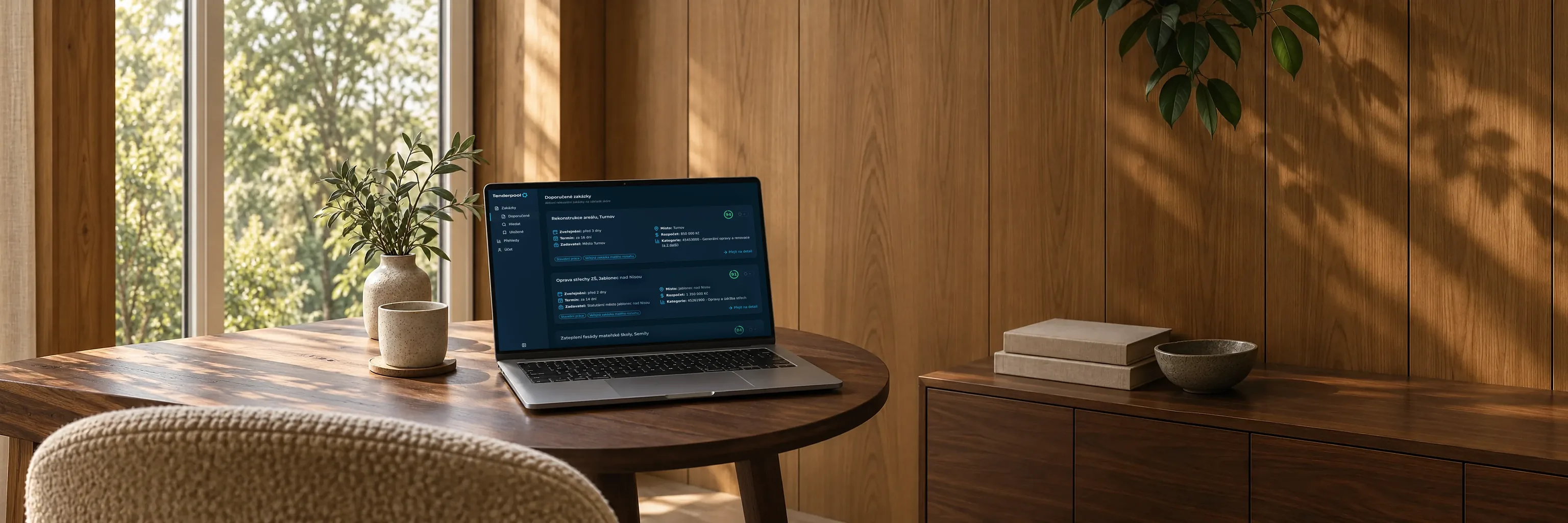 Aplikace Tenderpool s doporučenými veřejnými zakázkami a skóre shody na notebooku