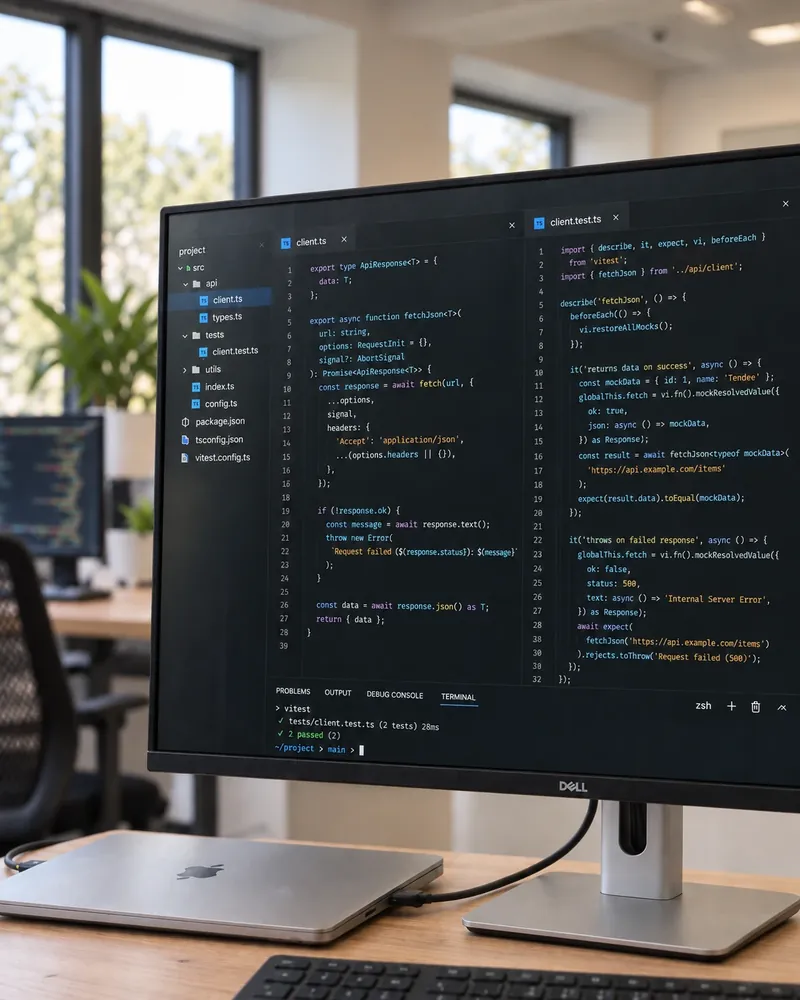 A monitor showing source code on an office desk