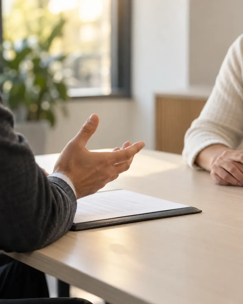Two people in a meeting over a document at a table