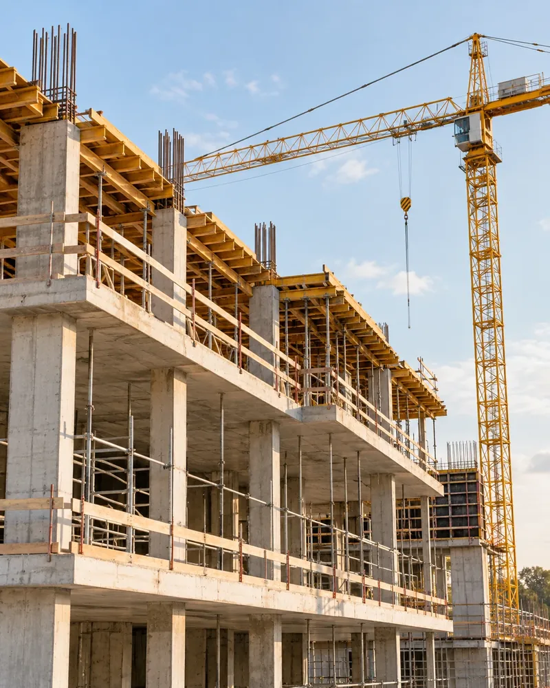 A building under construction with a tower crane