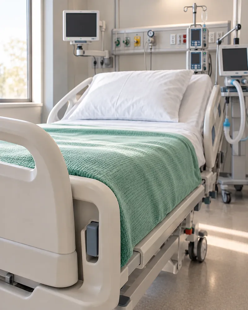 A hospital bed with patient monitors in a ward room